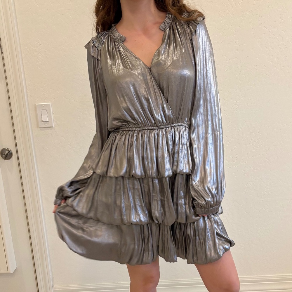 Current Air Metallic Silver Foil Ruffle Tiered Mini Dress, Size Medium, Party